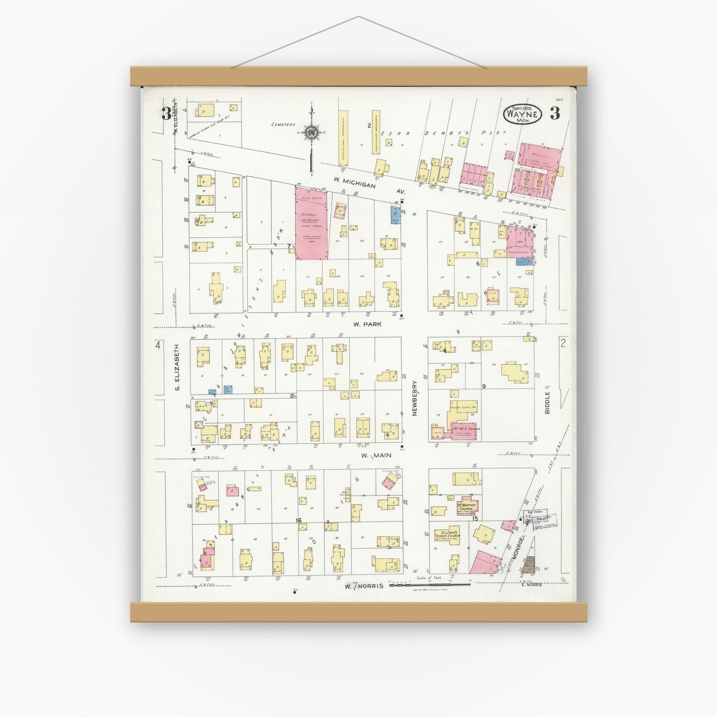 Old map wall art mockup — magnetic wood frame on white wall — Sanborn Fire Insurance Map from Wayne, Wayne County, Michigan (1926), Sheet #0003