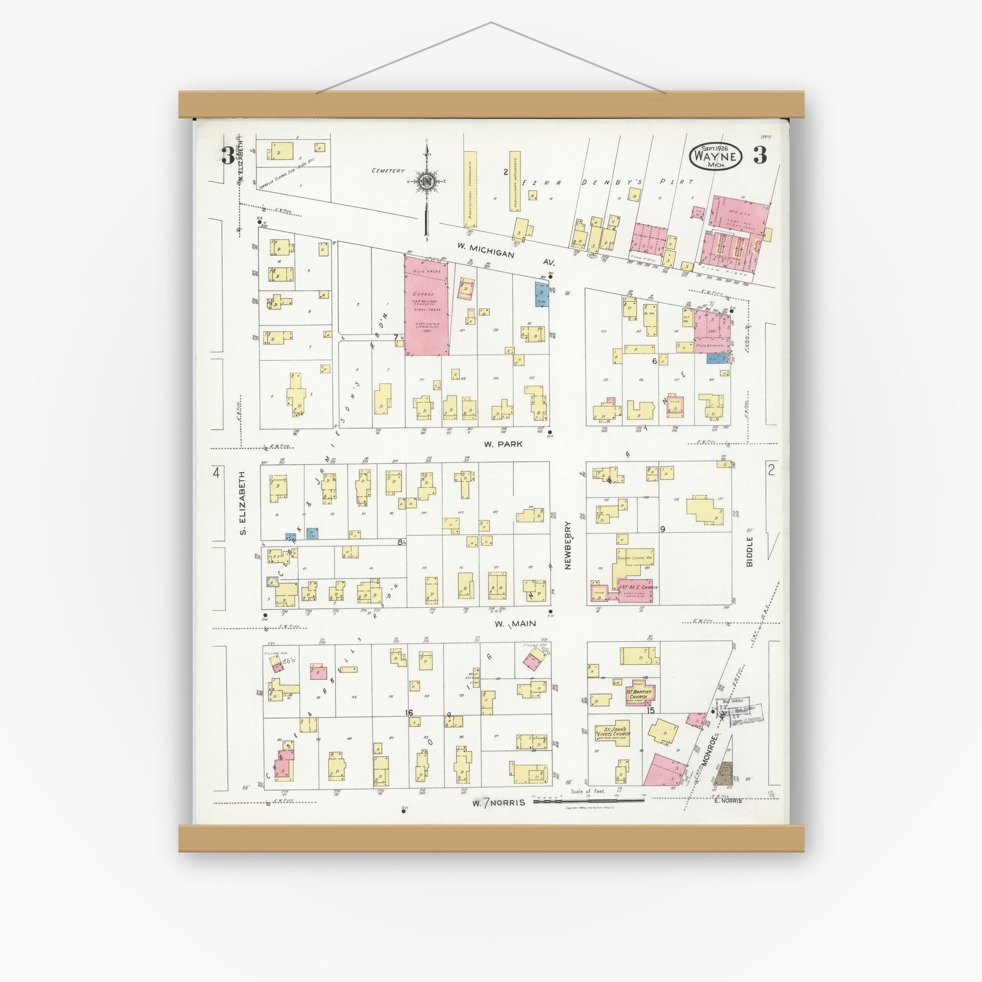 Old map wall art mockup — magnetic wood frame on white wall — Sanborn Fire Insurance Map from Wayne, Wayne County, Michigan (1926), Sheet #0003