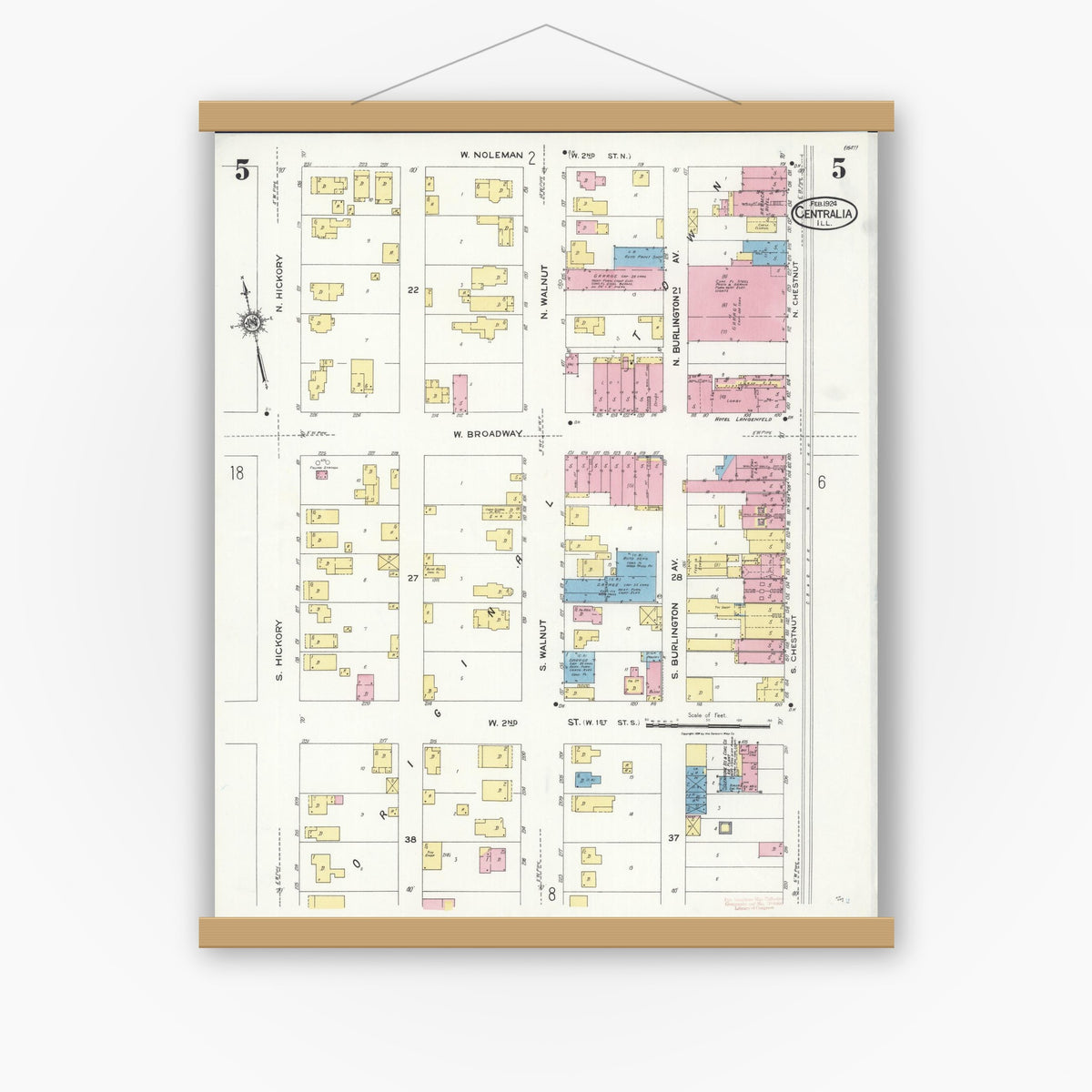 Old map wall art mockup — magnetic wood frame on white wall — Sanborn Fire Insurance Map from Centralia, Marion, Clinton, Jefferson, and Washington Counties, Illinois (1924), Sheet #0005