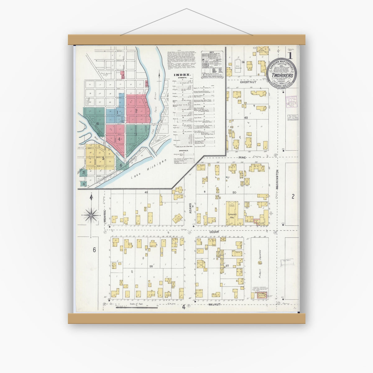Old map wall art mockup — magnetic wood frame on white wall — Sanborn Fire Insurance Map from Two Rivers, Manitowoc County, Wisconsin (1904) - Complete Map Set