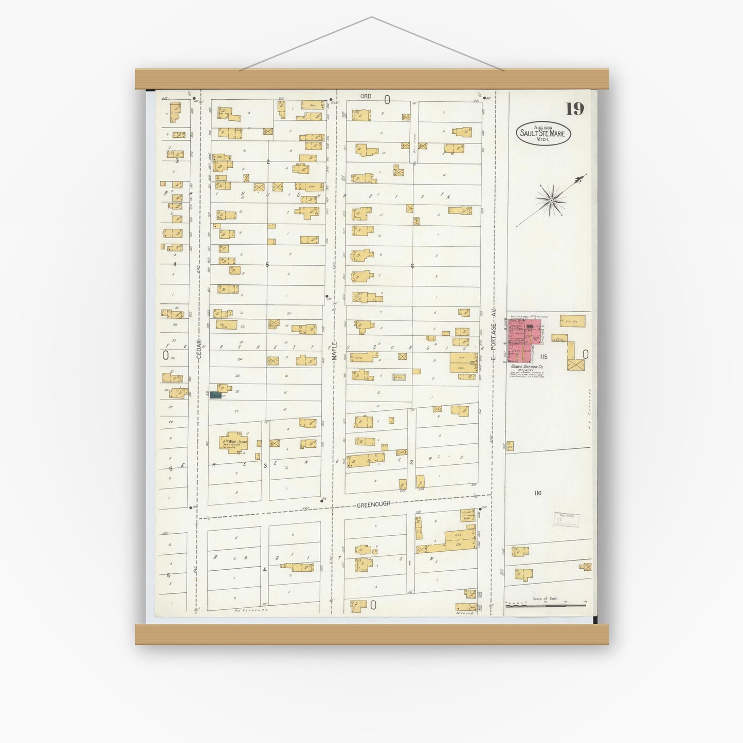 Old map wall art mockup — magnetic wood frame on white wall — Sanborn Fire Insurance Map from Sault Sainte Marie, Chippewa County, Michigan (1906), Sheet #0019