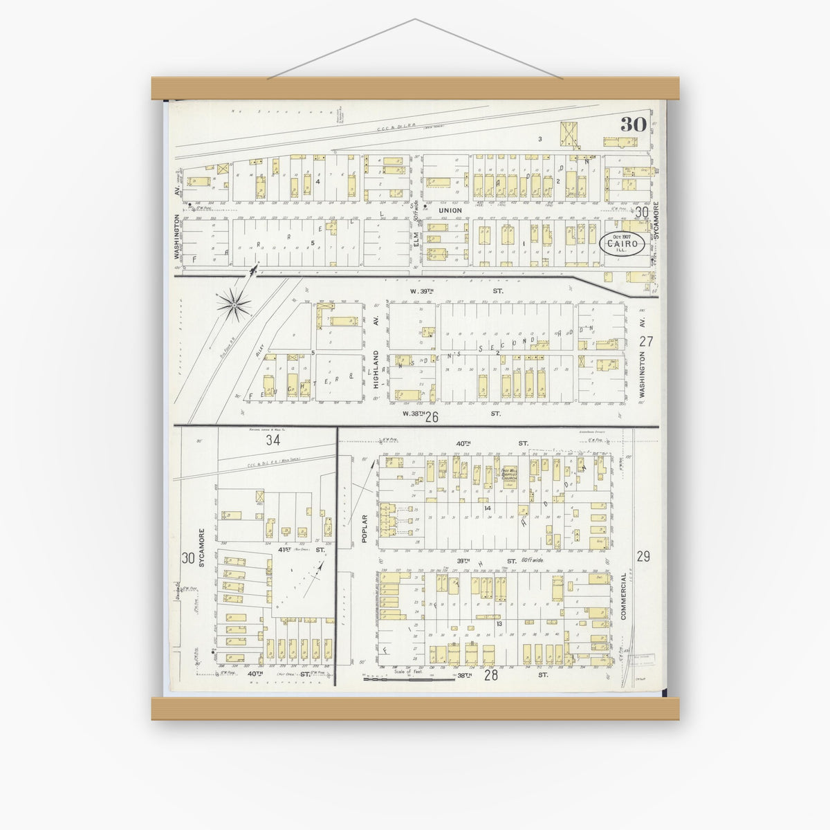 Old map wall art mockup — magnetic wood frame on white wall — Sanborn Fire Insurance Map from Cairo, Alexander County, Illinois (1907), Sheet #0030