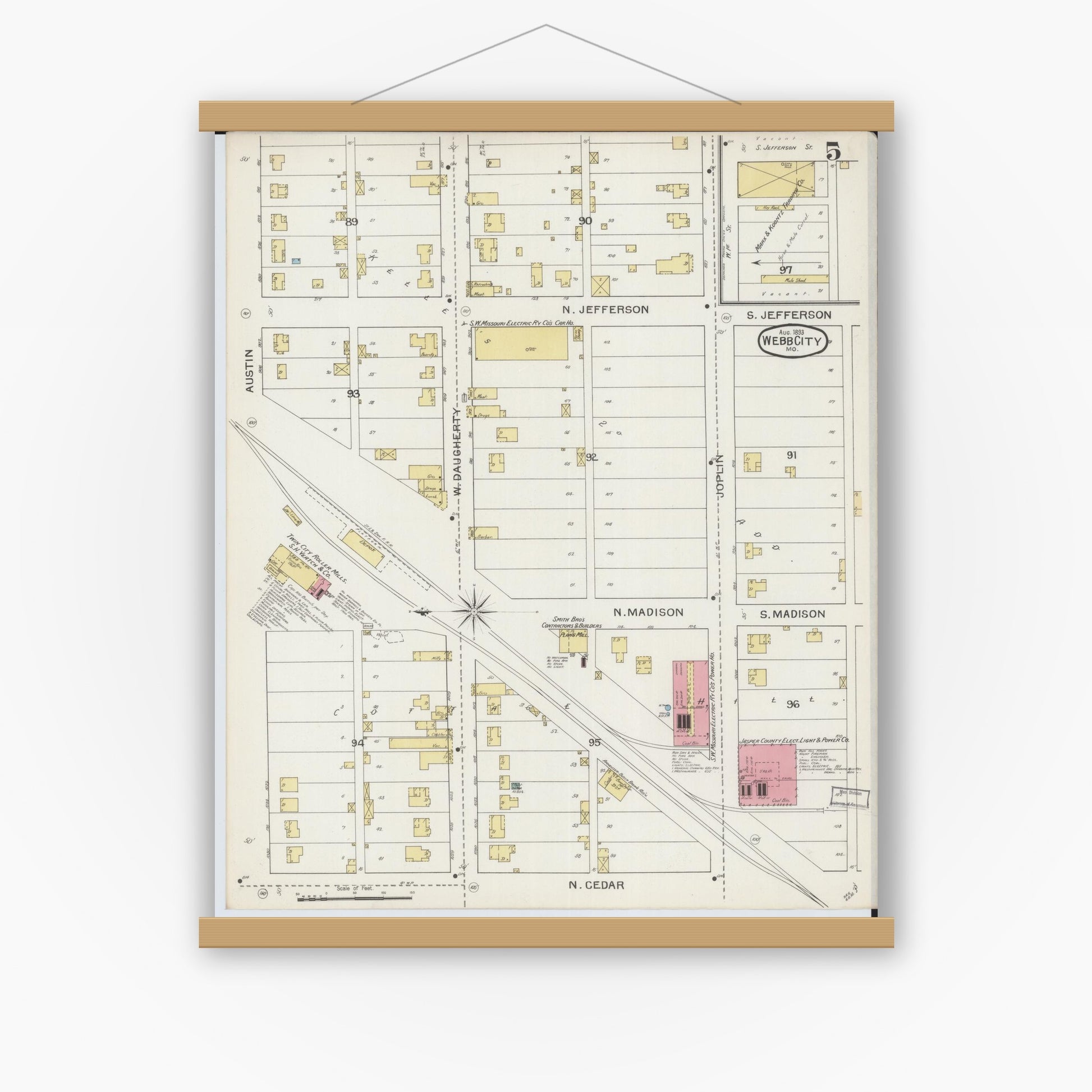 Old map wall art mockup — magnetic wood frame on white wall — Sanborn Fire Insurance Map from Webb City, Jasper County, Missouri (1893), Sheet #0005