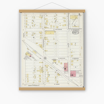 Old map wall art mockup — magnetic wood frame on white wall — Sanborn Fire Insurance Map from Webb City, Jasper County, Missouri (1893), Sheet #0005