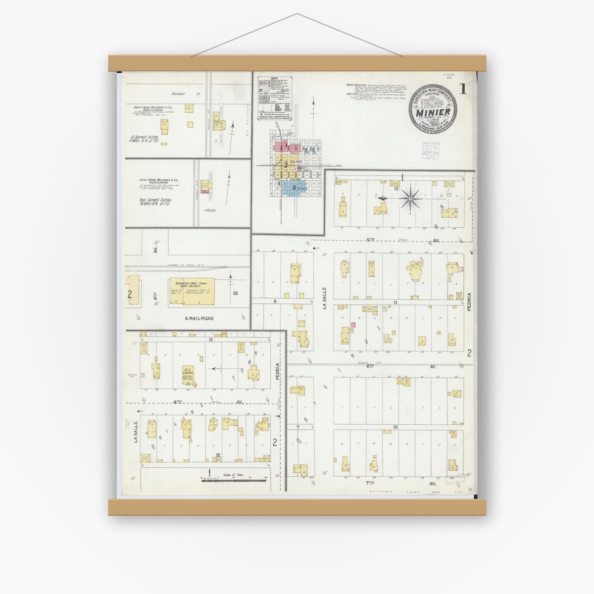 Old map wall art mockup — magnetic wood frame on white wall — Sanborn Fire Insurance Map from Minier, Tazewell County, Illinois (1906) - Complete Map Set