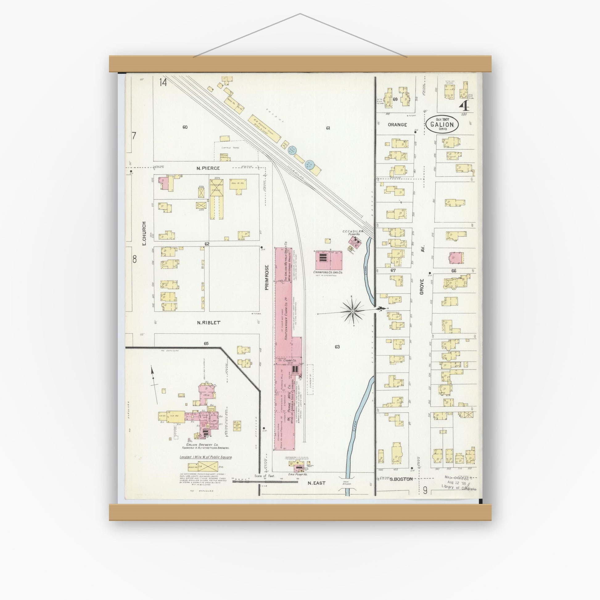 Old map wall art mockup — magnetic wood frame on white wall — Sanborn Fire Insurance Map from Galion, Crawford County, Ohio (1907), Sheet #0004