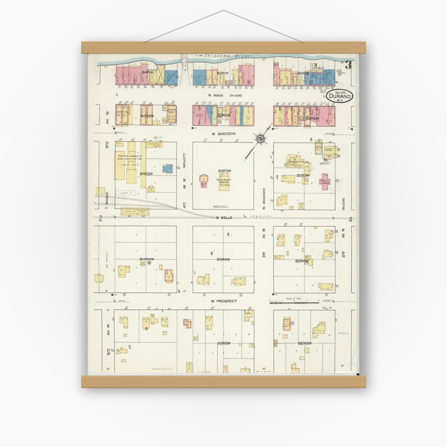 Old map wall art mockup — magnetic wood frame on white wall — Sanborn Fire Insurance Map from Durand, Pepin County, Wisconsin (1916), Sheet #0003