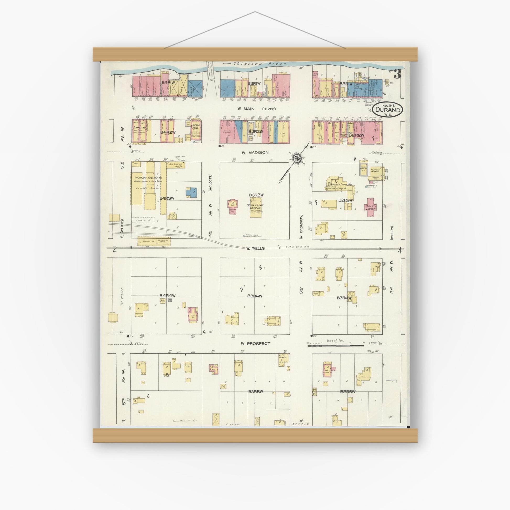 Old map wall art mockup — magnetic wood frame on white wall — Sanborn Fire Insurance Map from Durand, Pepin County, Wisconsin (1916), Sheet #0003