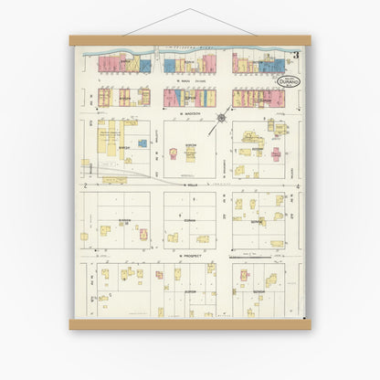 Old map wall art mockup — magnetic wood frame on white wall — Sanborn Fire Insurance Map from Durand, Pepin County, Wisconsin (1916), Sheet #0003