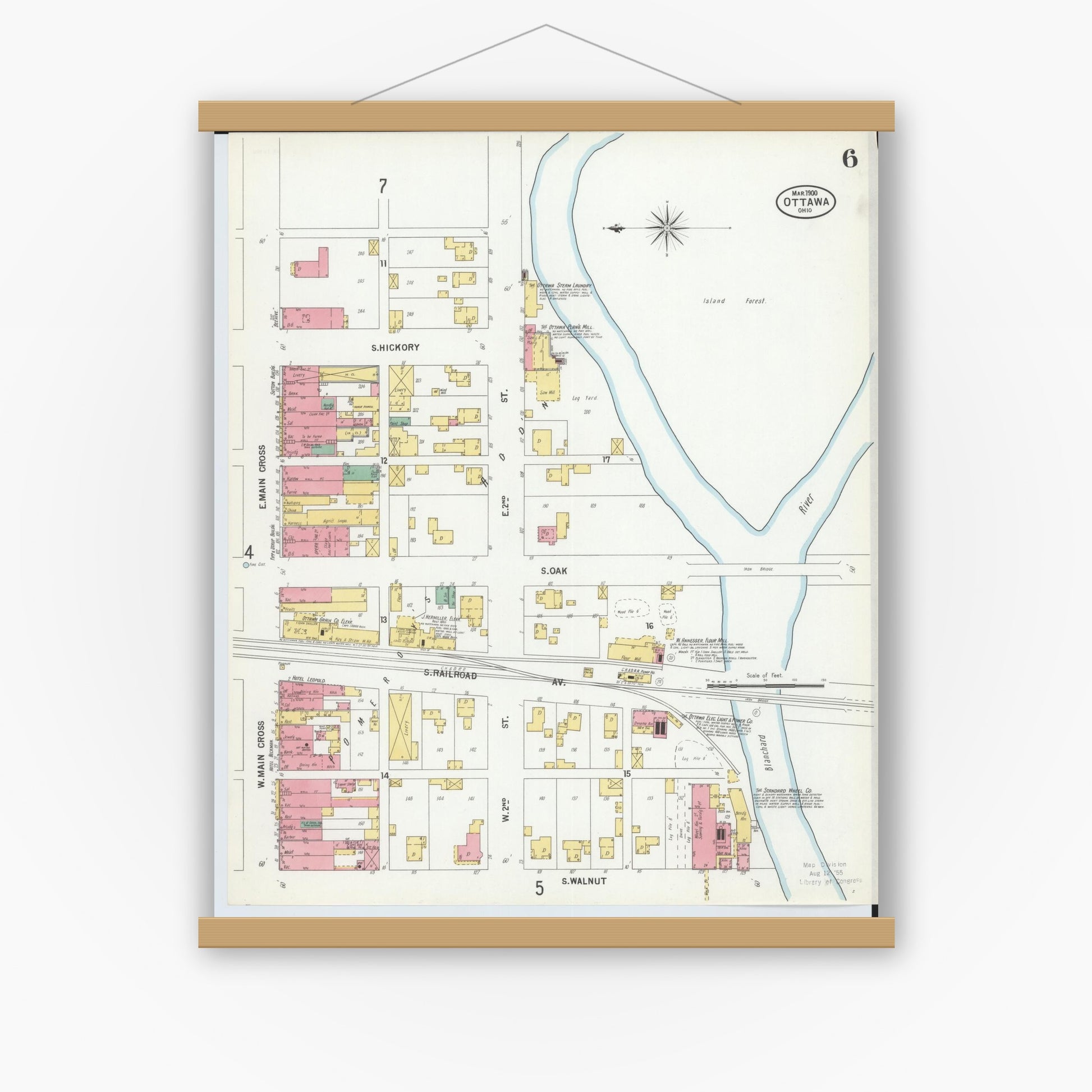 Old map wall art mockup — magnetic wood frame on white wall — Sanborn Fire Insurance Map from Ottawa, Putnam County, Ohio (1900), Sheet #0006