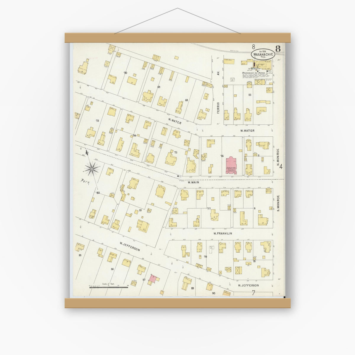 Old map wall art mockup — magnetic wood frame on white wall — Sanborn Fire Insurance Map from Waxahachie, Ellis County, Texas (1898), Sheet #0008