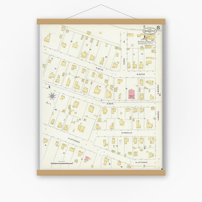 Old map wall art mockup — magnetic wood frame on white wall — Sanborn Fire Insurance Map from Waxahachie, Ellis County, Texas (1898), Sheet #0008