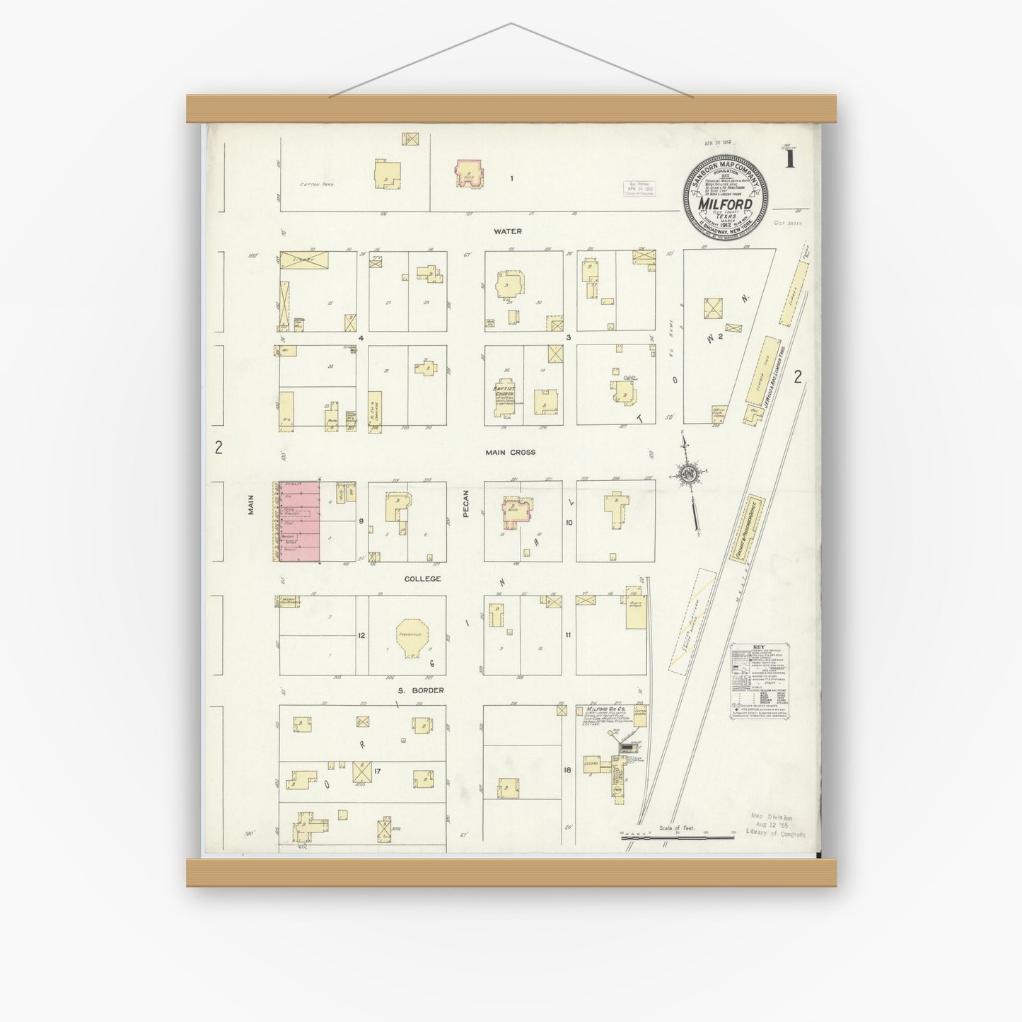Old map wall art mockup — magnetic wood frame on white wall — Sanborn Fire Insurance Map from Milford, Ellis County, Texas (1912) - Complete Map Set
