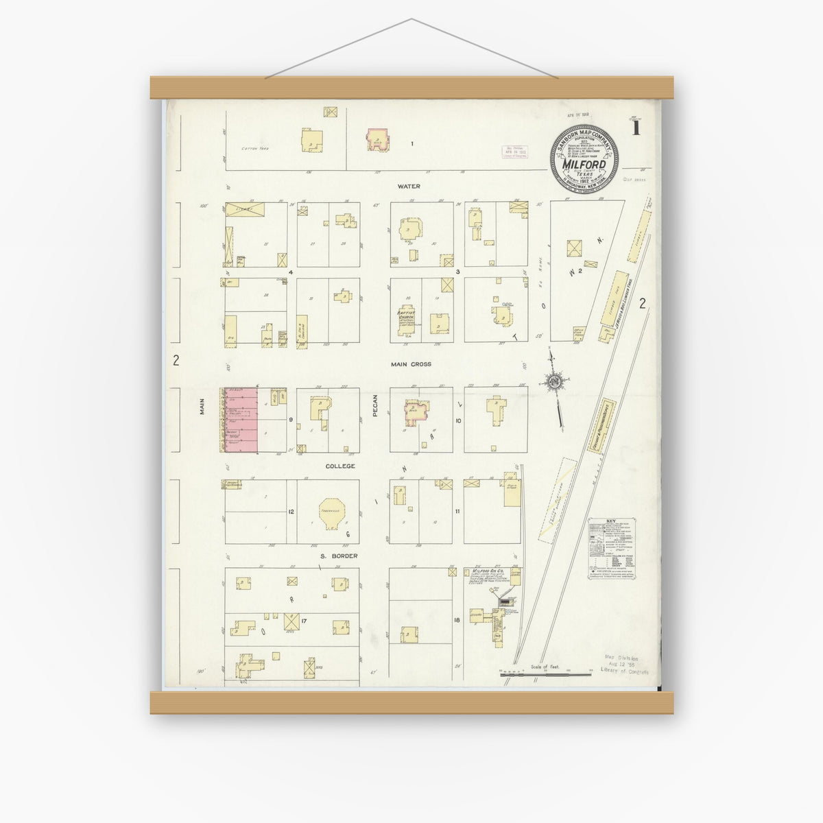 Old map wall art mockup — magnetic wood frame on white wall — Sanborn Fire Insurance Map from Milford, Ellis County, Texas (1912) - Complete Map Set