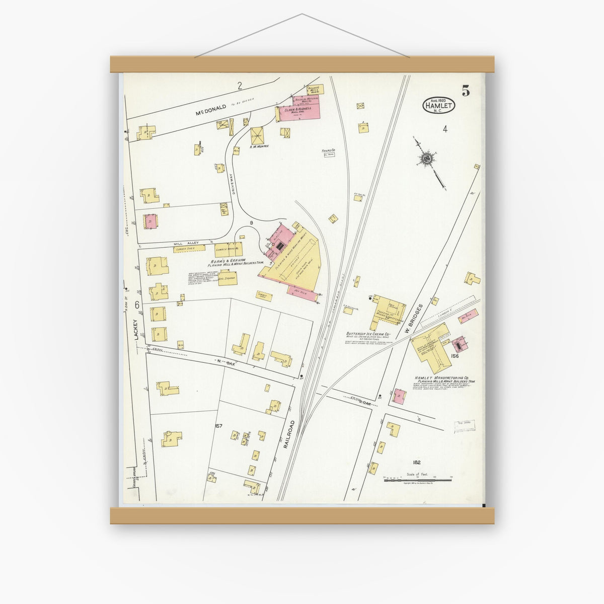 Old map wall art mockup — magnetic wood frame on white wall — Sanborn Fire Insurance Map from Hamlet, Richmond County, North Carolina (1920), Sheet #0005