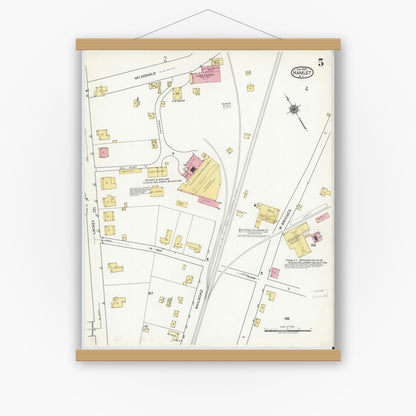 Old map wall art mockup — magnetic wood frame on white wall — Sanborn Fire Insurance Map from Hamlet, Richmond County, North Carolina (1920), Sheet #0005