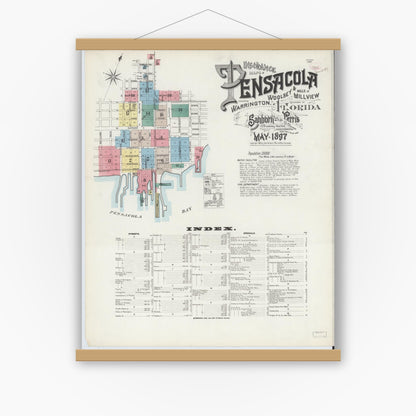 Old map wall art mockup — magnetic wood frame on white wall — Sanborn Fire Insurance Map from Pensacola, Escambia County, Florida (1897), Sheet #0001