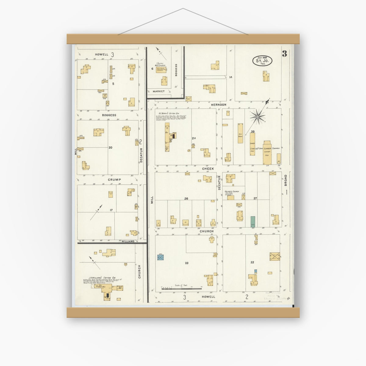 Old map wall art mockup — magnetic wood frame on white wall — Sanborn Fire Insurance Map from Saint Jo, Montague County, Texas (1908), Sheet #0003
