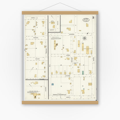 Old map wall art mockup — magnetic wood frame on white wall — Sanborn Fire Insurance Map from Saint Jo, Montague County, Texas (1908), Sheet #0003