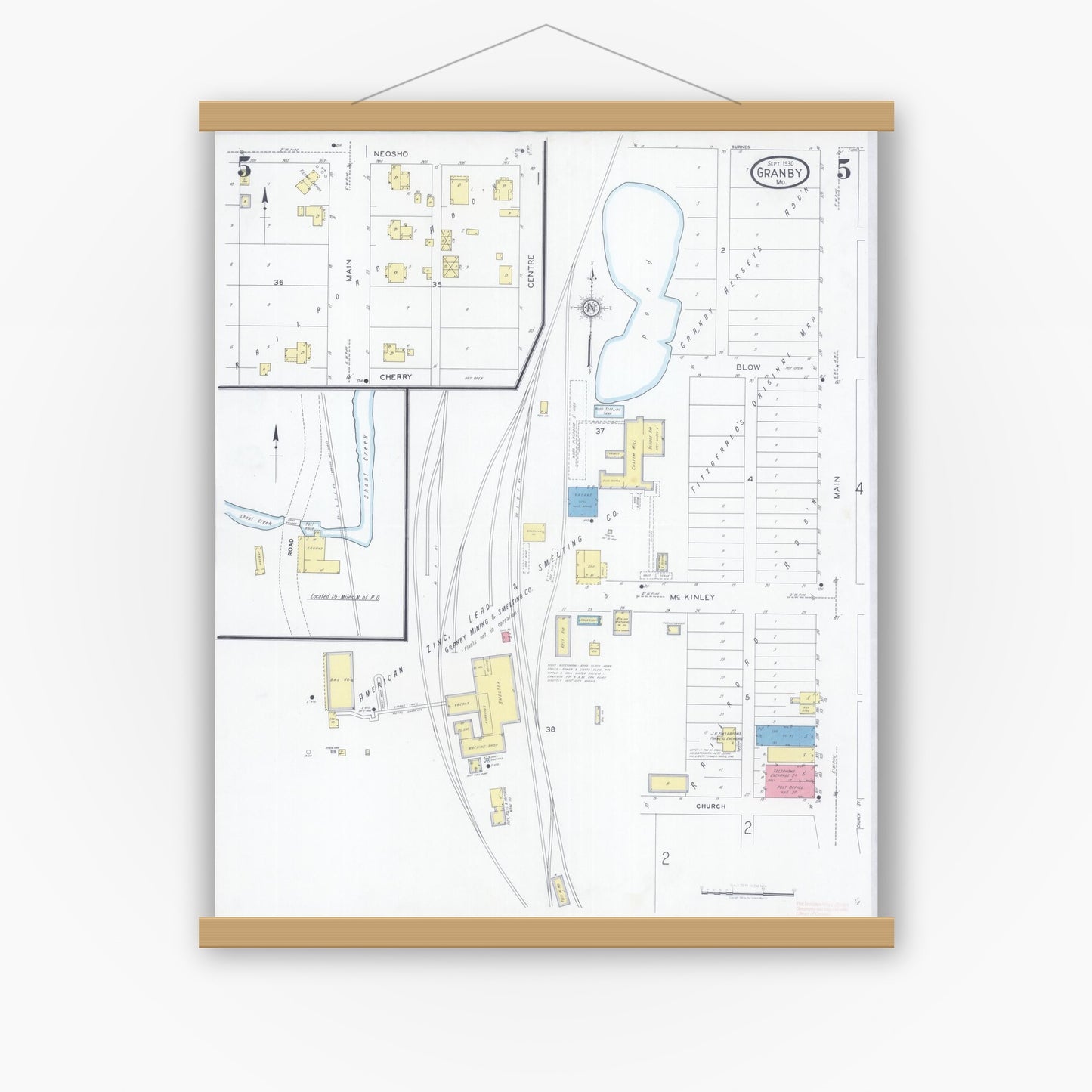 Old map wall art mockup — magnetic wood frame on white wall — Sanborn Fire Insurance Map from Granby, Newton County, Missouri (1930), Sheet #0005
