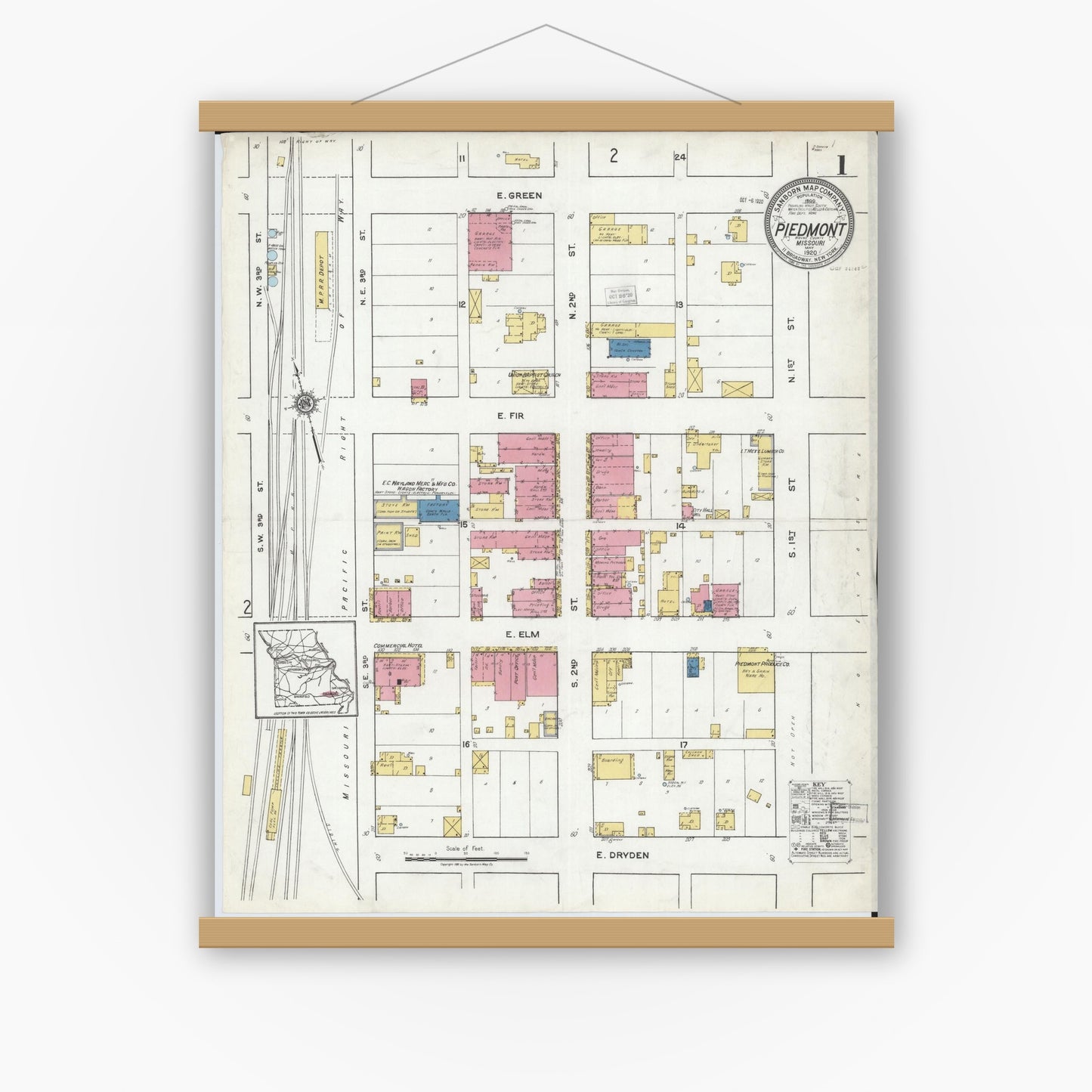 Old map wall art mockup — magnetic wood frame on white wall — Sanborn Fire Insurance Map from Piedmont, Wayne County, Missouri (1920) - Complete Map Set