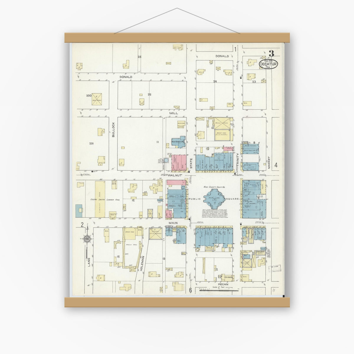Old map wall art mockup — magnetic wood frame on white wall — Sanborn Fire Insurance Map from Decatur, Wise County, Texas (1914), Sheet #0003