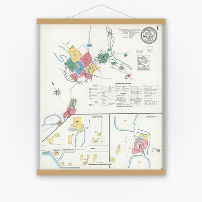 Old map wall art mockup — magnetic wood frame on white wall — Sanborn Fire Insurance Map from Millbury, Worcester County, Massachusetts (1904), Sheet #0001