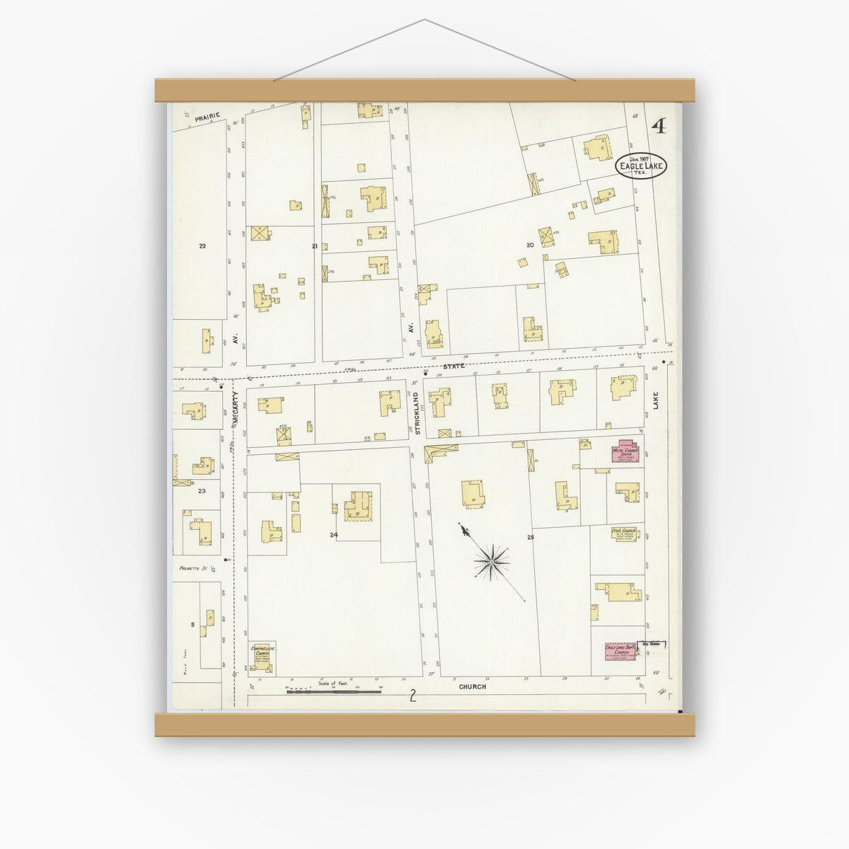 Old map wall art mockup — magnetic wood frame on white wall — Sanborn Fire Insurance Map from Eagle Lake, Colorado County, Texas (1907), Sheet #0004