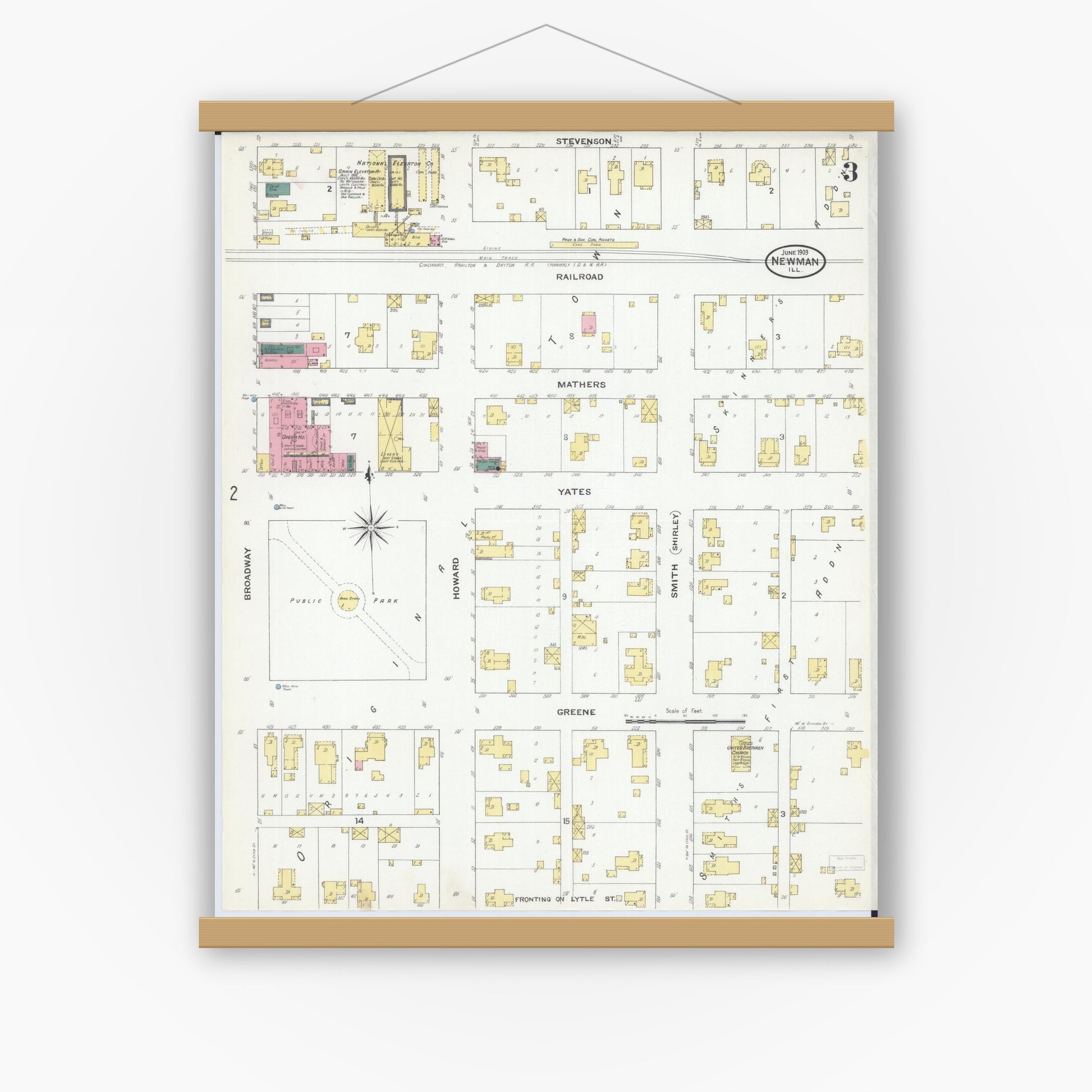 Old map wall art mockup — magnetic wood frame on white wall — Sanborn Fire Insurance Map from Newman, Douglas County, Illinois (1909), Sheet #0003