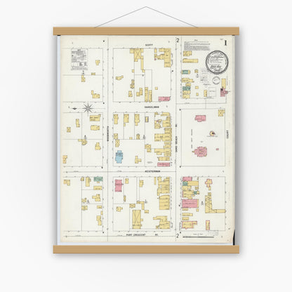 Old map wall art mockup — magnetic wood frame on white wall — Sanborn Fire Insurance Map from Bad Axe, Huron County, Michigan (1900), Sheet #0001