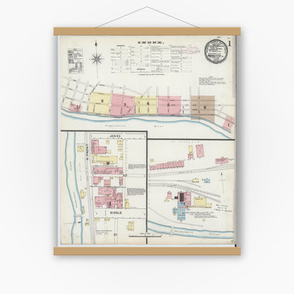 Old map wall art mockup — magnetic wood frame on white wall — Sanborn Fire Insurance Map from Marietta, Lancaster County, Pennsylvania (1891) - Complete Map Set