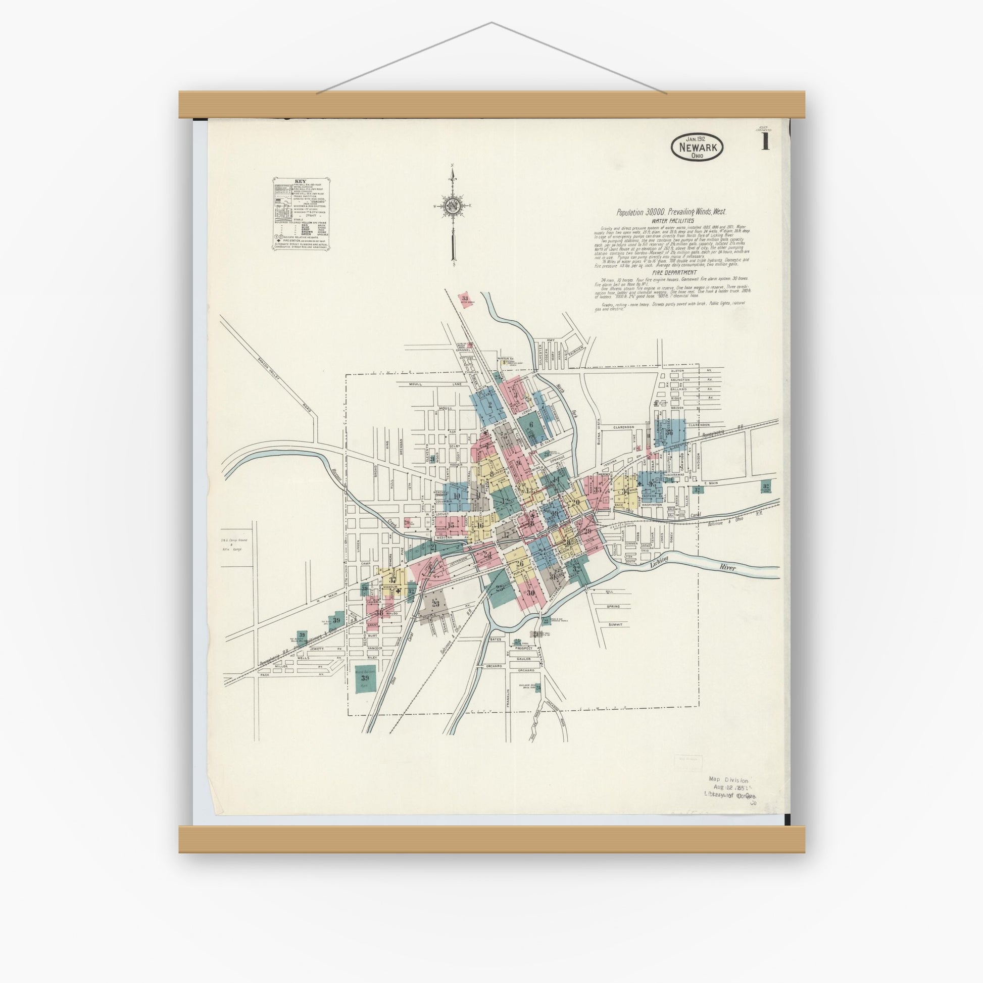 Old map wall art mockup — magnetic wood frame on white wall — Sanborn Fire Insurance Map from Newark, Licking County, Ohio (1912) - Complete Map Set