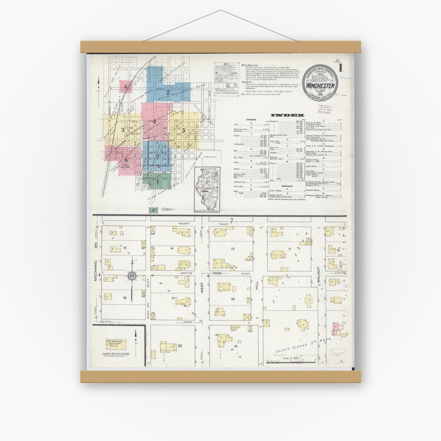 Old map wall art mockup — magnetic wood frame on white wall — Sanborn Fire Insurance Map from Winchester, Scott County, Illinois (1914), Sheet #0001