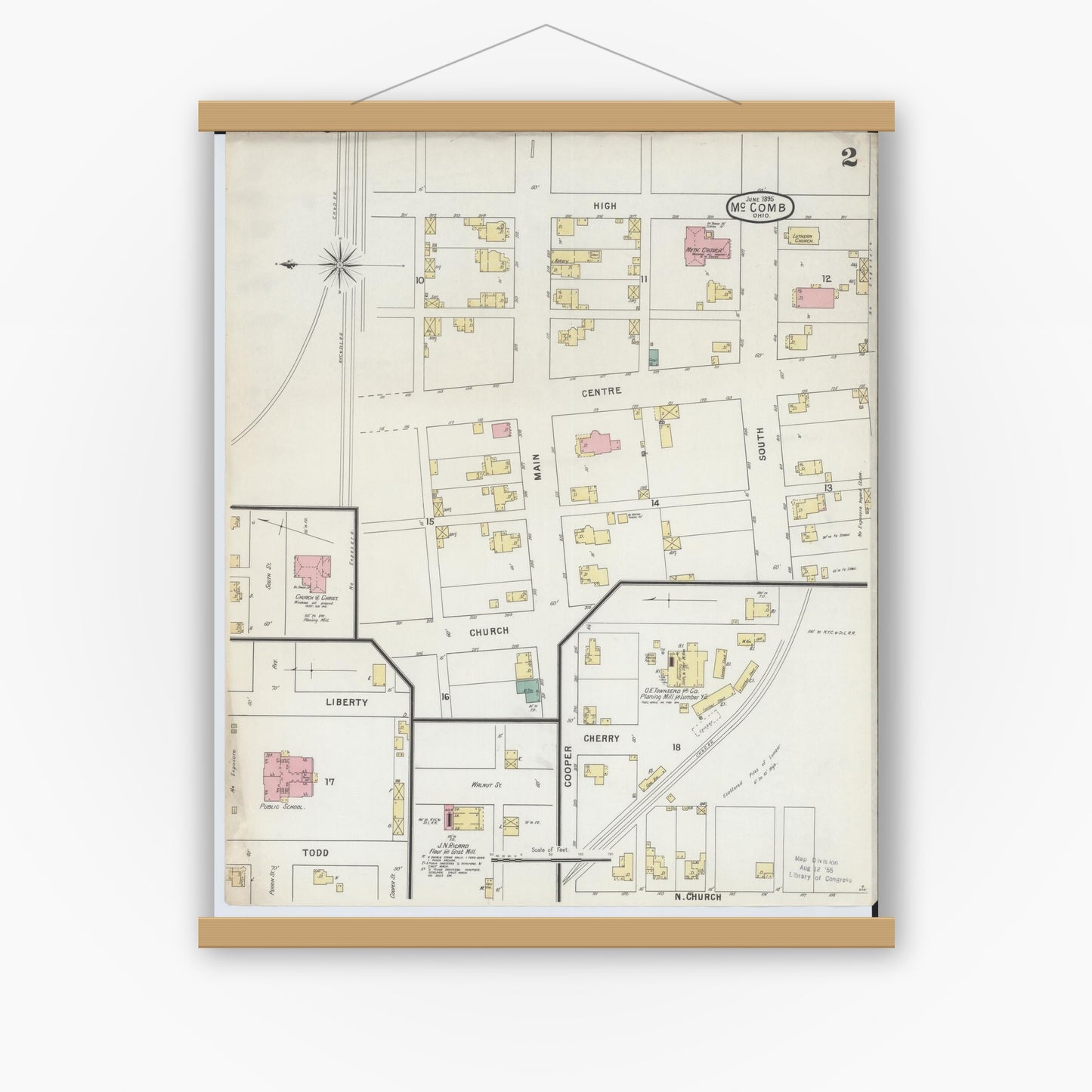 Old map wall art mockup — magnetic wood frame on white wall — Sanborn Fire Insurance Map from McComb, Hancock County, Ohio (1885), Sheet #0002