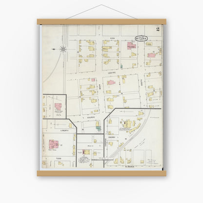 Old map wall art mockup — magnetic wood frame on white wall — Sanborn Fire Insurance Map from McComb, Hancock County, Ohio (1885), Sheet #0002
