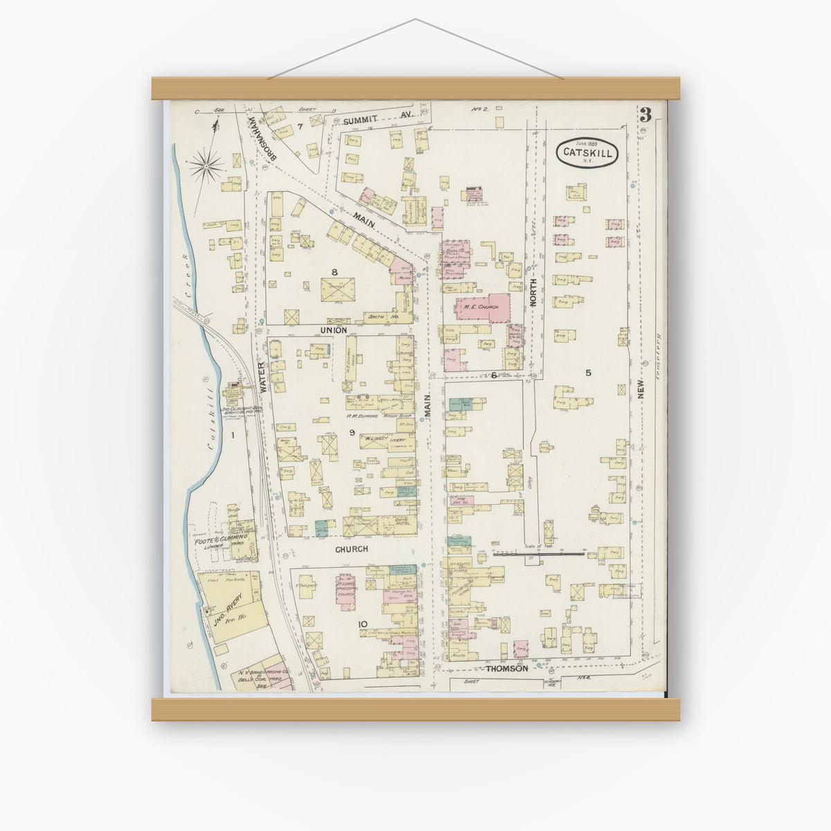 Old map wall art mockup — magnetic wood frame on white wall — Sanborn Fire Insurance Map from Catskill, Greene County, New York (1889), Sheet #0003
