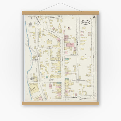 Old map wall art mockup — magnetic wood frame on white wall — Sanborn Fire Insurance Map from Catskill, Greene County, New York (1889), Sheet #0003