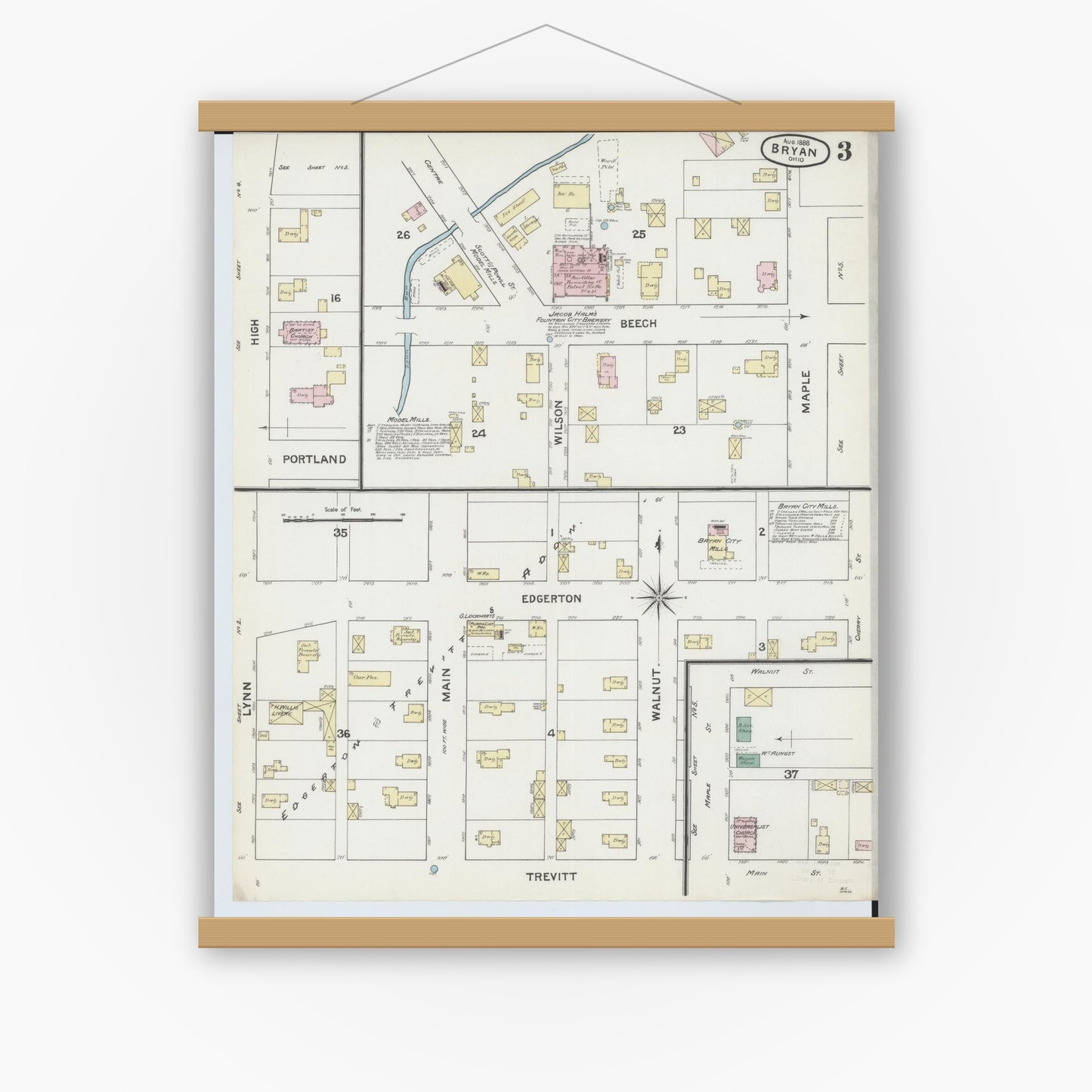 Old map wall art mockup — magnetic wood frame on white wall — Sanborn Fire Insurance Map from Bryan, Williams County, Ohio (1888), Sheet #0003