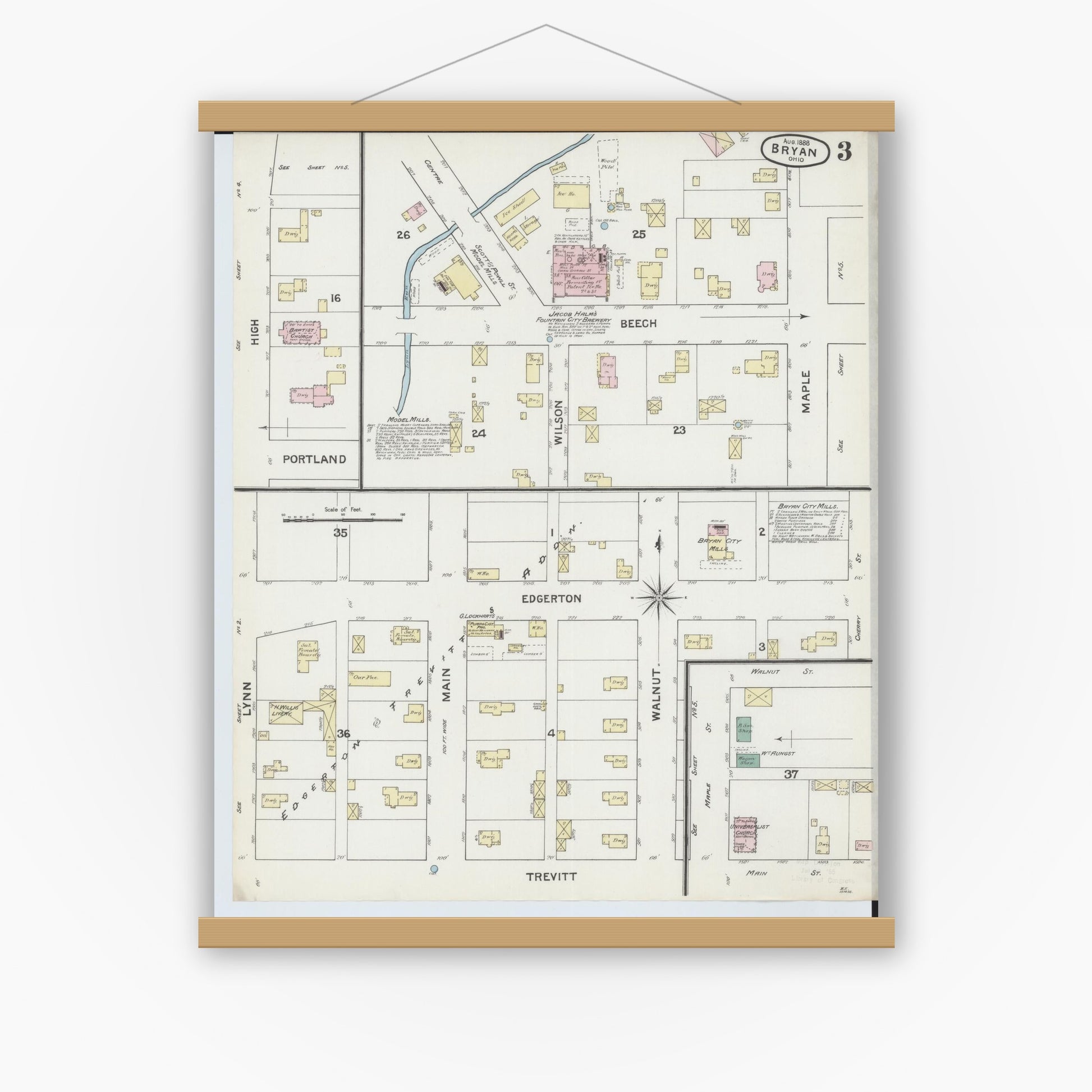 Old map wall art mockup — magnetic wood frame on white wall — Sanborn Fire Insurance Map from Bryan, Williams County, Ohio (1888), Sheet #0003