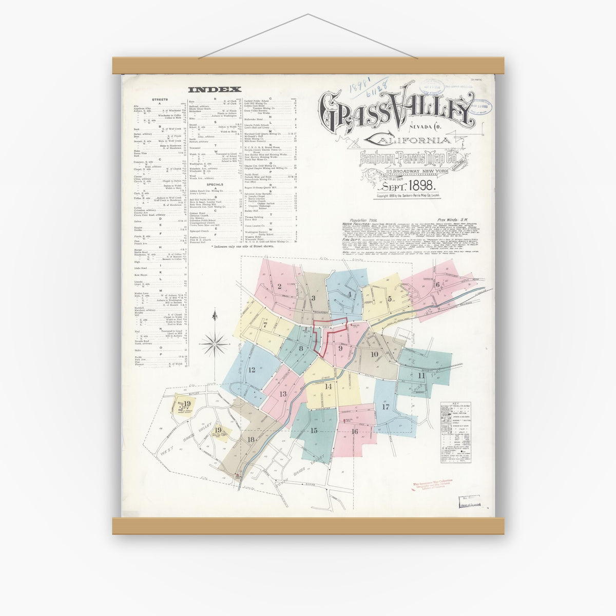Old map wall art mockup — magnetic wood frame on white wall — Sanborn Fire Insurance Map from Grass Valley, Nevada County, California (1898) - Complete Map Set