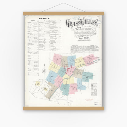 Old map wall art mockup — magnetic wood frame on white wall — Sanborn Fire Insurance Map from Grass Valley, Nevada County, California (1898) - Complete Map Set