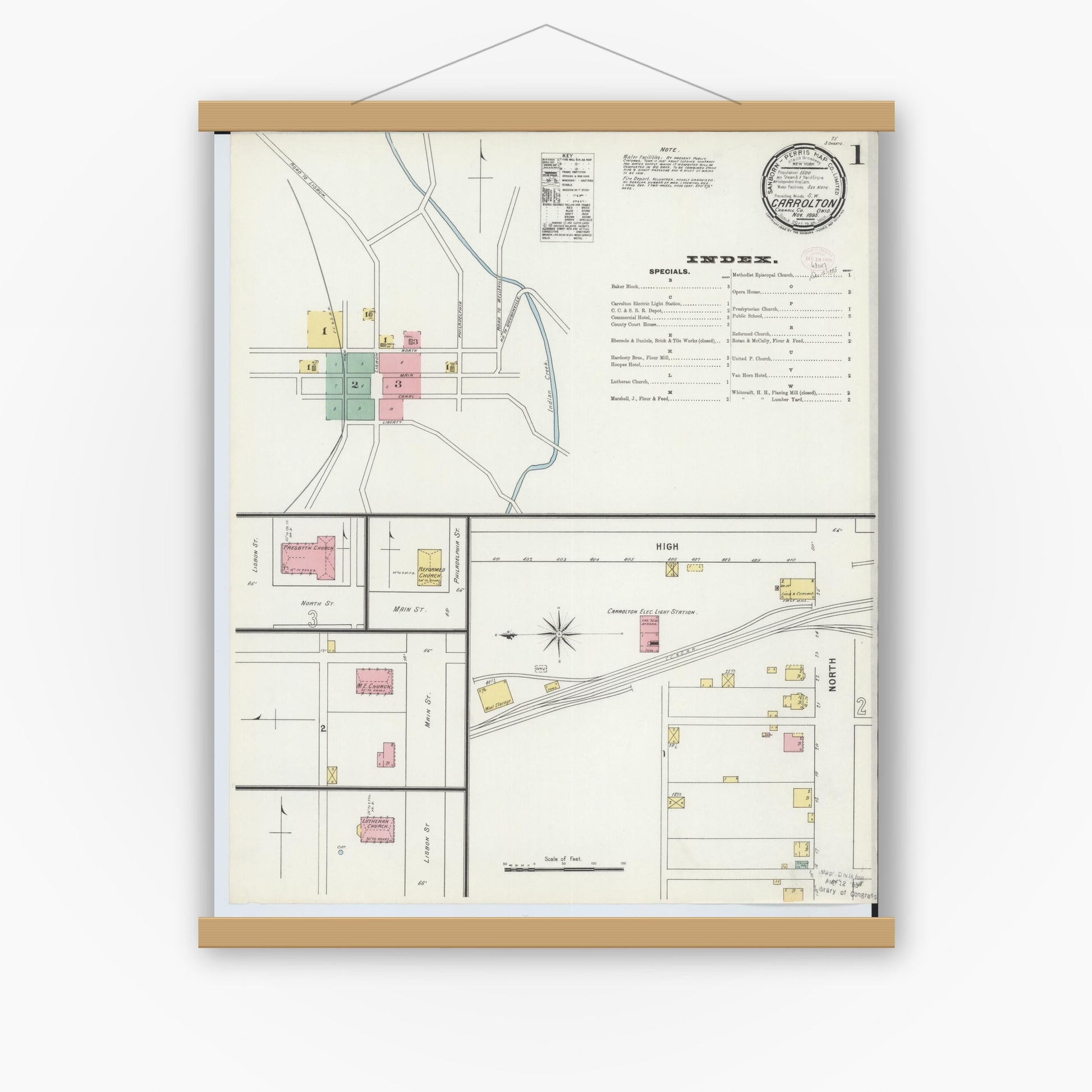 Old map wall art mockup — magnetic wood frame on white wall — Sanborn Fire Insurance Map from Carrollton, Carroll County, Ohio (1895) - Complete Map Set