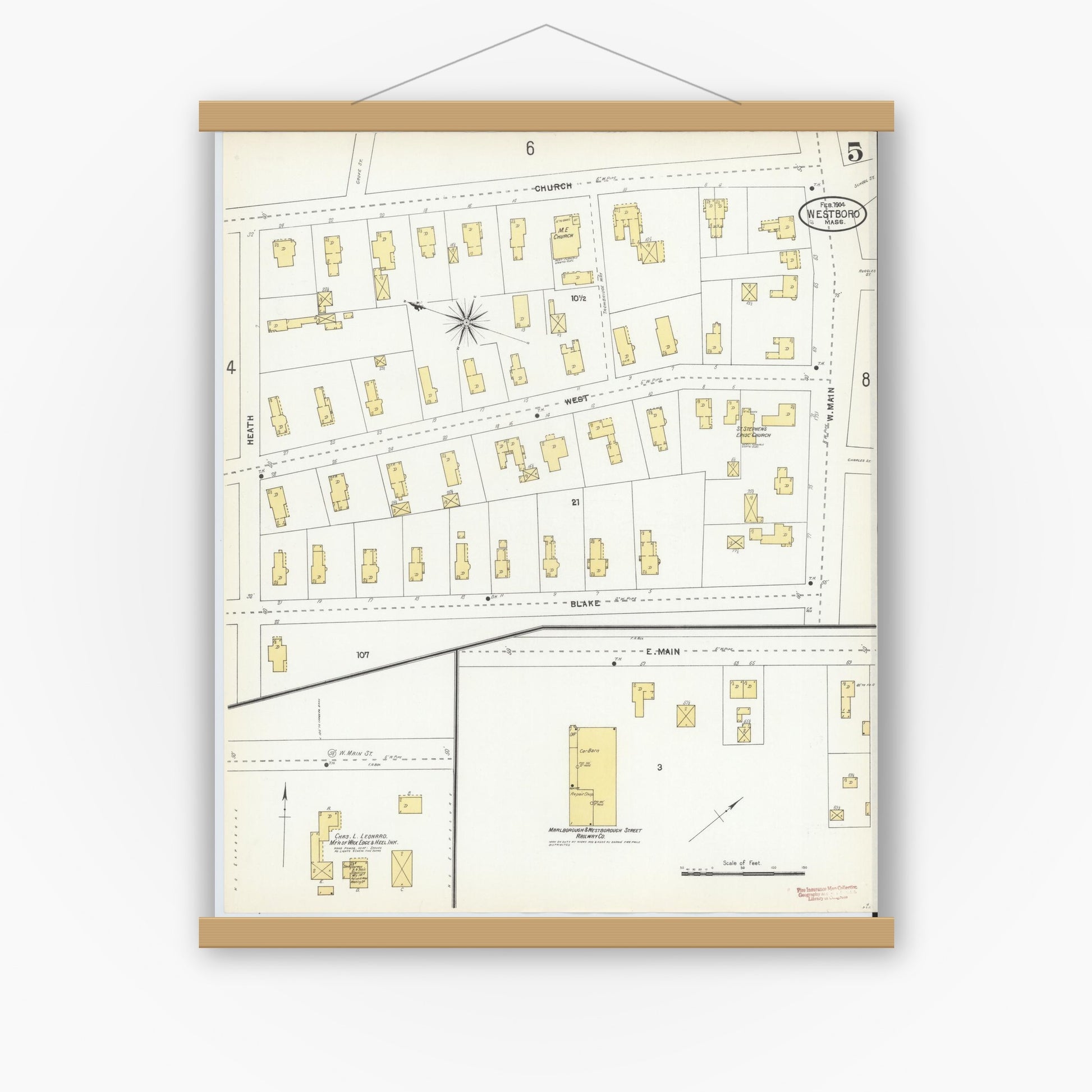 Old map wall art mockup — magnetic wood frame on white wall — Sanborn Fire Insurance Map from Westboro, Worcester County, Massachusetts (1904), Sheet #0005
