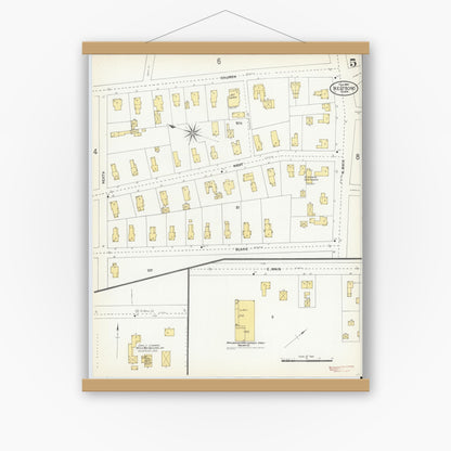 Old map wall art mockup — magnetic wood frame on white wall — Sanborn Fire Insurance Map from Westboro, Worcester County, Massachusetts (1904), Sheet #0005
