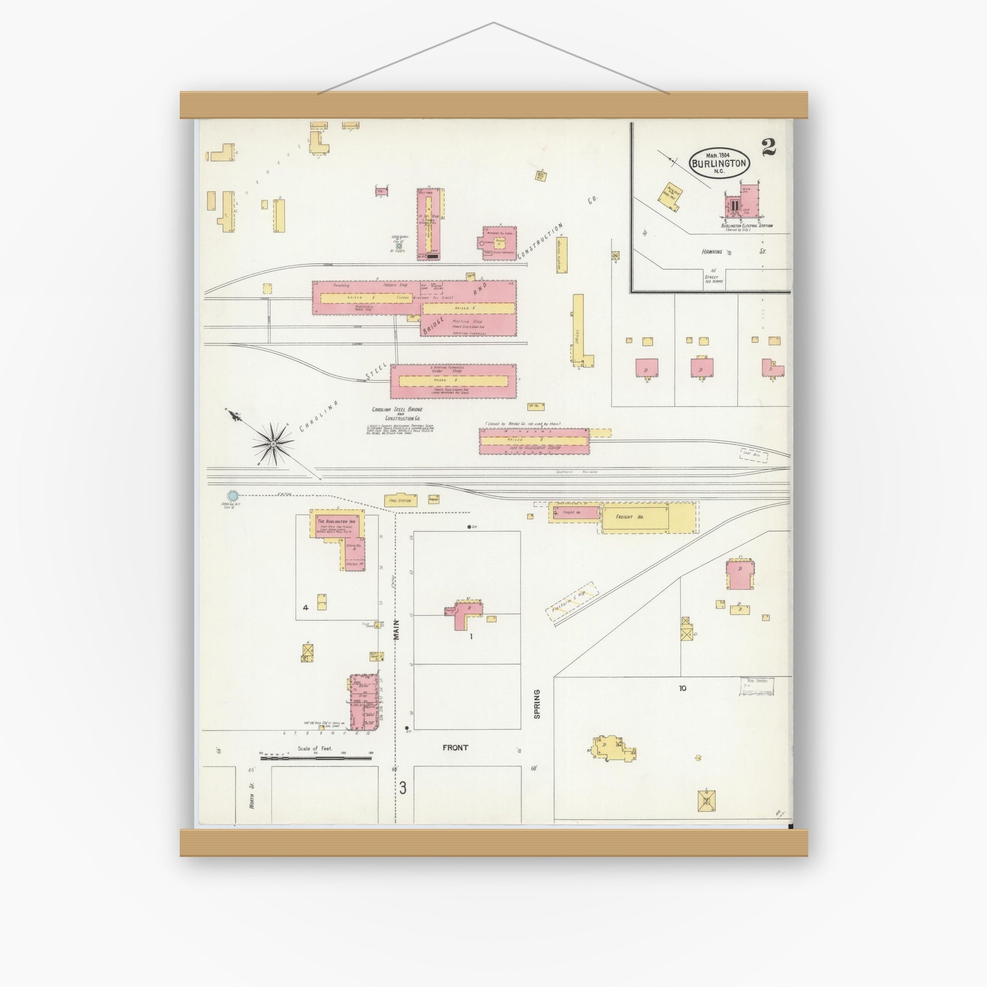 Old map wall art mockup — magnetic wood frame on white wall — Sanborn Fire Insurance Map from Burlington, Alamance County, North Carolina (1904), Sheet #0002