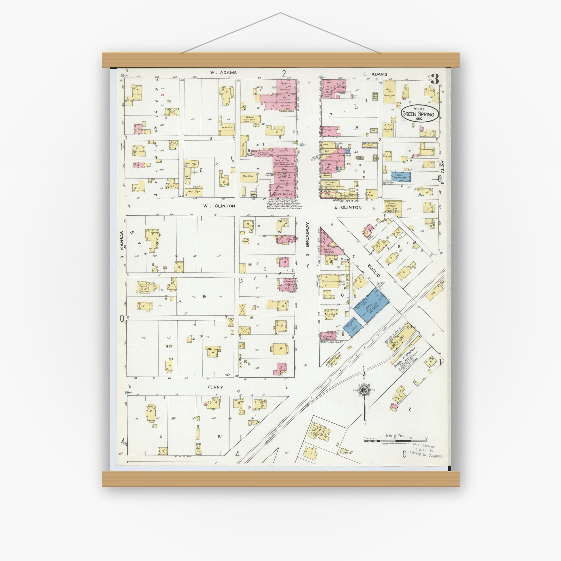Old map wall art mockup — magnetic wood frame on white wall — Sanborn Fire Insurance Map from Green Springs, Sandusky And Seneca Counties, Ohio (1921), Sheet #0003