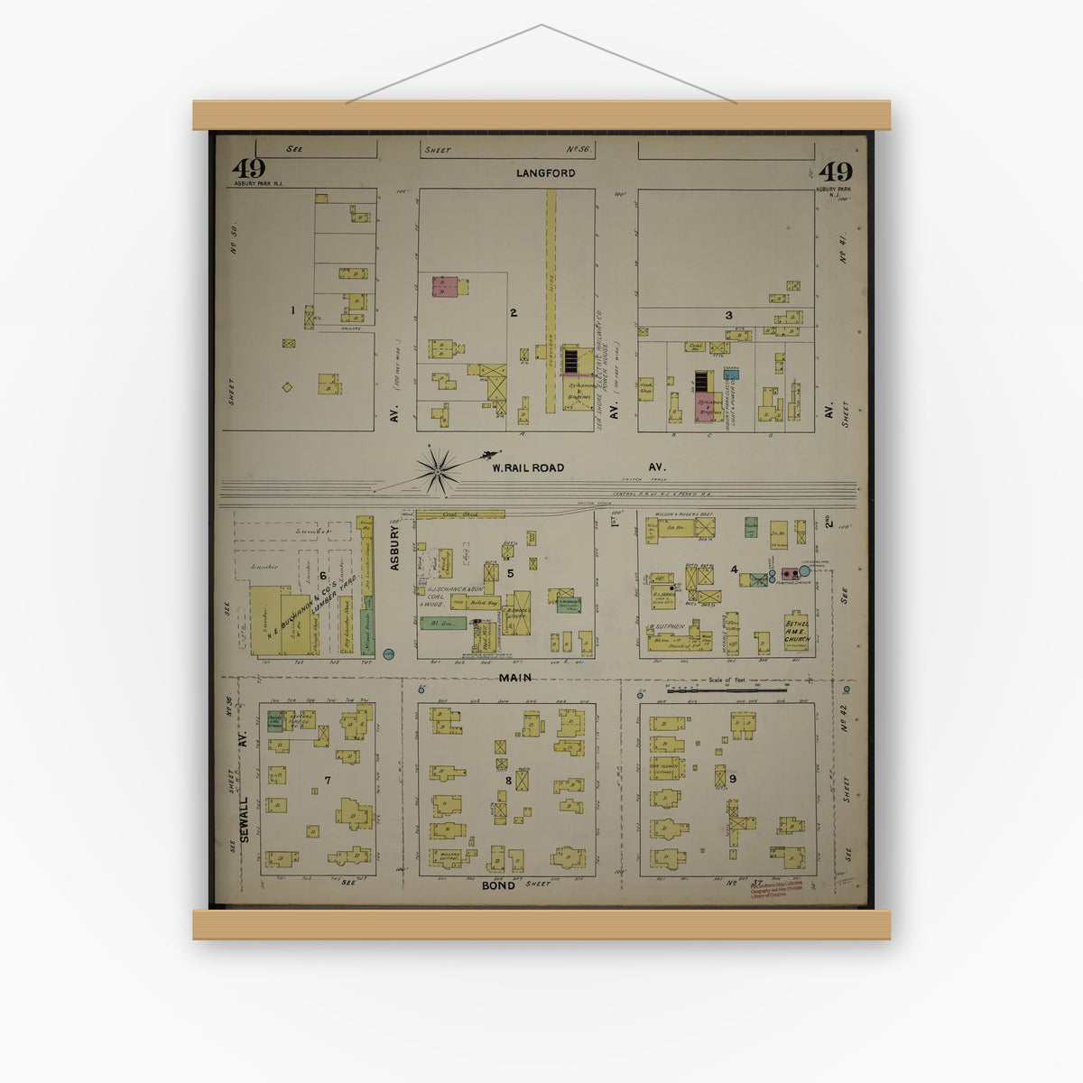 Old map wall art mockup — magnetic wood frame on white wall — Sanborn Fire Insurance Map from New Jersey Coast, New Jersey Coast, New Jersey (1890), Sheet #0049