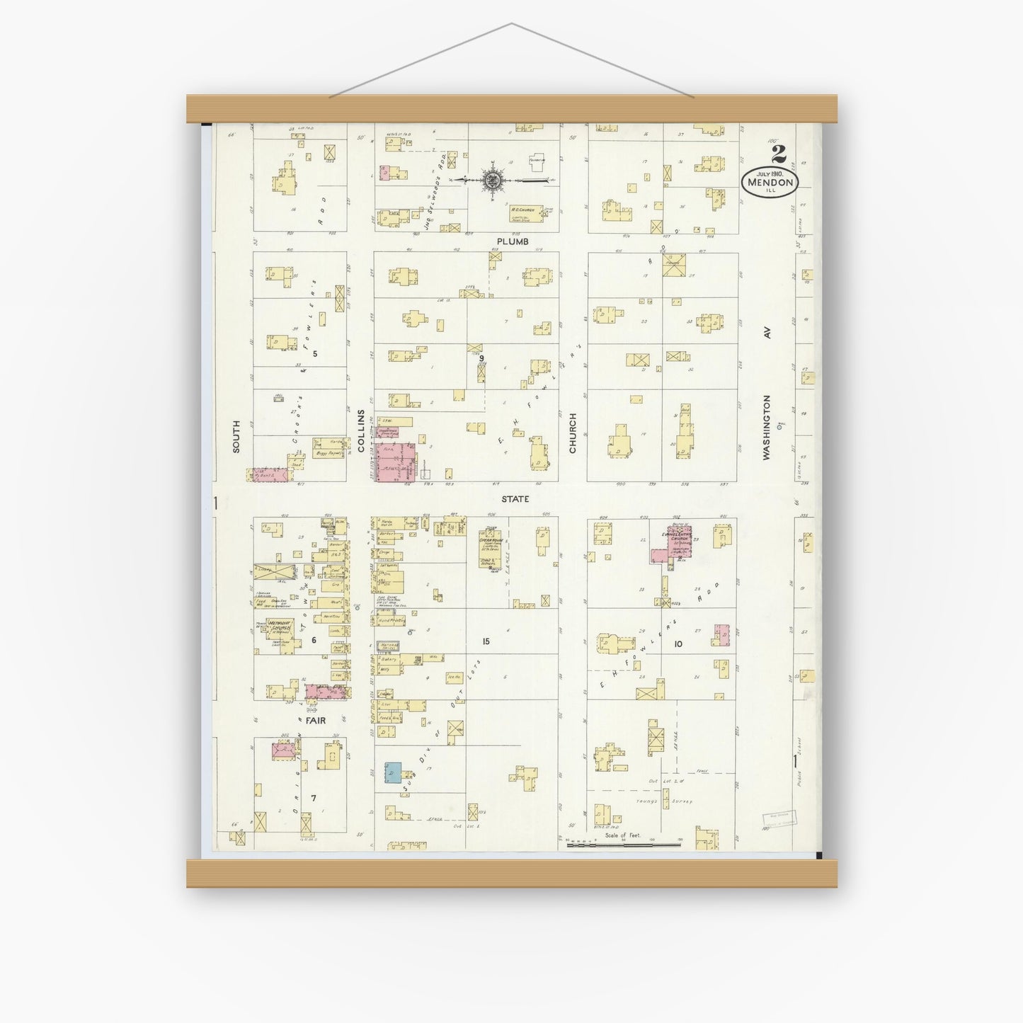 Old map wall art mockup — magnetic wood frame on white wall — Sanborn Fire Insurance Map from Mendon, Adams County, Illinois (1910), Sheet #0002