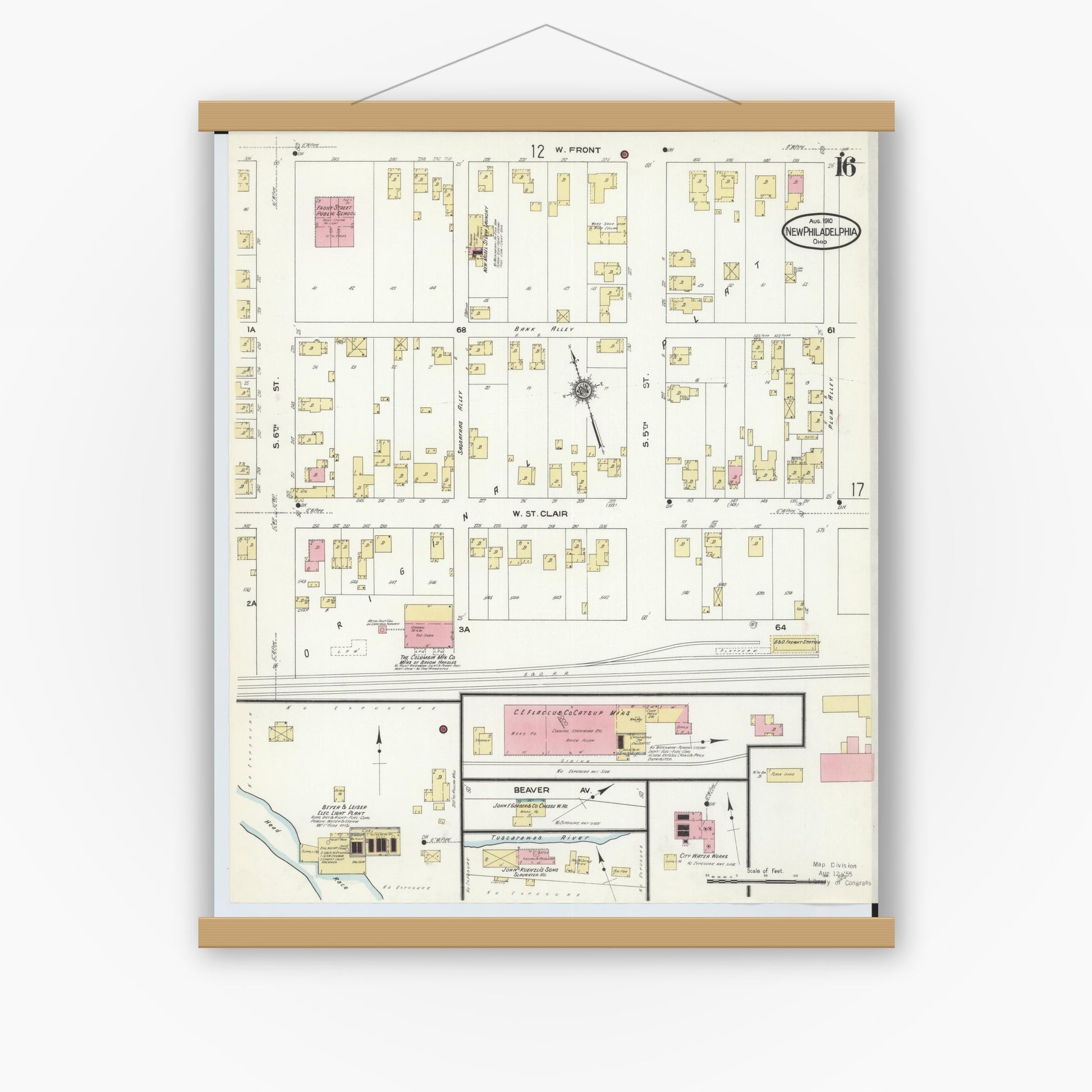 Old map wall art mockup — magnetic wood frame on white wall — Sanborn Fire Insurance Map from New Philadelphia, Tuscarawas County, Ohio (1910), Sheet #0016