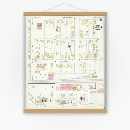 Old map wall art mockup — magnetic wood frame on white wall — Sanborn Fire Insurance Map from New Philadelphia, Tuscarawas County, Ohio (1910), Sheet #0016